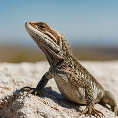 Obraz premium A lizard basking in the sun, its body angled to absorb heat, with a clean white background.