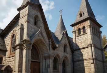 Obraz premium Village church with steep pitched roof and ornate stone carvings, historic church, rural France