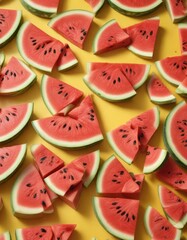 Vibrant watermelon slices pattern on sunny yellow background, colorful, summer, juicy, bright, design