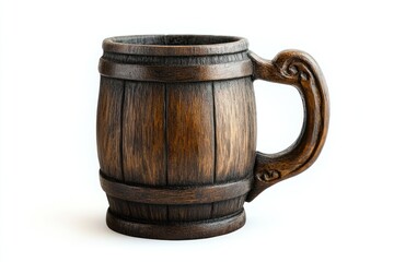 Wooden barrel mug, handcrafted, white background, drinking