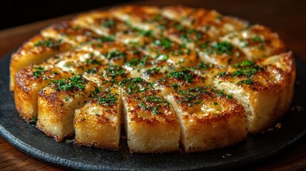 Restaurant garlic bread appetizer, sliced, herbs, wooden table, close-up