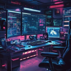 Futuristic Hacker Workstation With Multiple Monitors And Peripherals