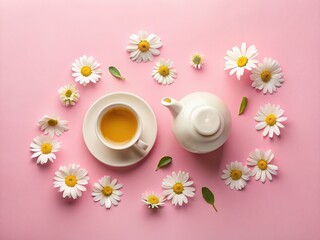 Pastel Pink Chamomile Tea Flat Lay: Herbal Teacup & Teapot