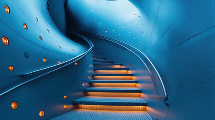 A metal staircase spiraling upward in a minimalist industrial building, accented by soft lighting