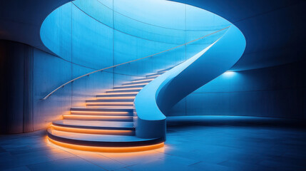 A metal staircase spiraling upward in a minimalist industrial building, accented by soft lighting