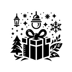 A festive Christmas scene centered around a large, ornately wrapped gift box with a prominent bow. Surrounding the gift are various holiday elements including a stylized Christmas tree