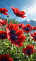 Fototapeta premium Velvety crimson petals of the anemone flower contrasting with a clear blue sky, clear blue, crimson