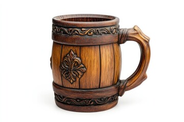 Hand-carved wooden beer mug, studio shot, white background, pub decor