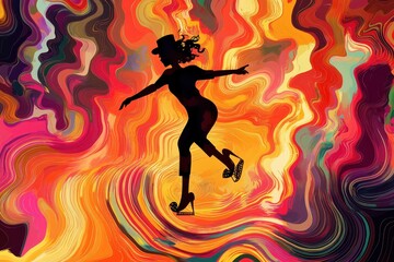 Silhouette Woman Dancing in Abstract Swirling Colors