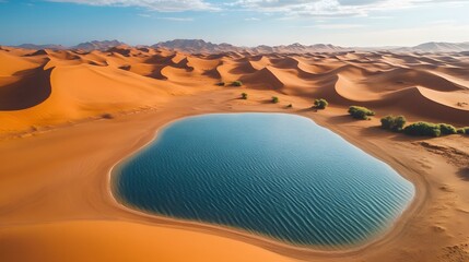 Naklejka premium Vibrant oasis in golden desert, tranquil water reflecting blue sky, surrounded by rolling sand dunes, perfect for nature themes.