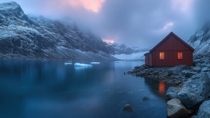 Fototapeta premium Mountain lake cabin at dawn; serene winter scene; tranquil escape; possible use stock photo