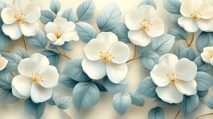 White flowers, teal leaves, cream background, wall art