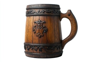 Carved wooden beer mug, studio shot, white background, rustic design, for pubs