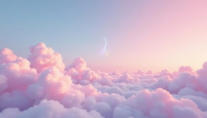 Soft pink sky with cotton white clouds drifting gently across the horizon, rainbow, serene