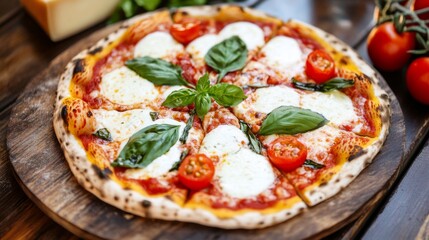 Delicious Margherita pizza on wooden board