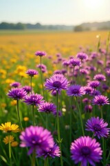 Obraz premium Sea of purple and yellow allium flowers in a field, horizon, natural