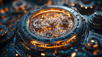 A steampunk mechanical clock with intricate gears and brass detailing, glowing softly in low light
