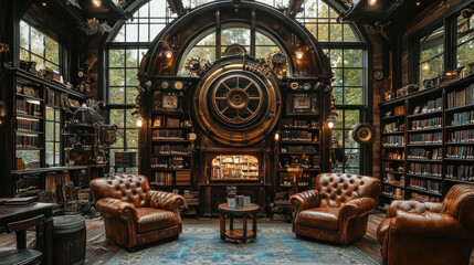 Obraz premium A steampunk-themed library filled with brass fixtures, leather chairs, and mechanical bookshelves
