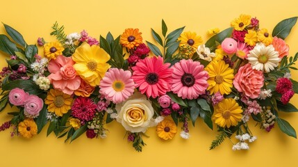 Fototapeta premium Fresh and Vibrant Floral Arrangement on Bright Yellow Background, Perfect for Any Creative Project or Spring-Themed Graphic Design Needs