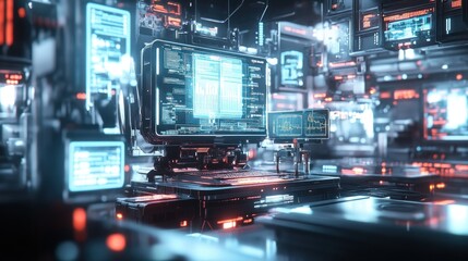 Obraz premium Futuristic Tech Control Room: A Cyberpunk Digital Interface