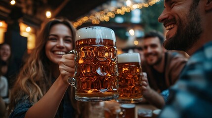 Group of friends toasting with beer in a pub