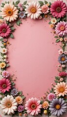 A frame of pink spring flower with copy space for text, featuring floral design elements like flowers, leaves, and a vintage texture, perfect for a spring, valentine greeting card