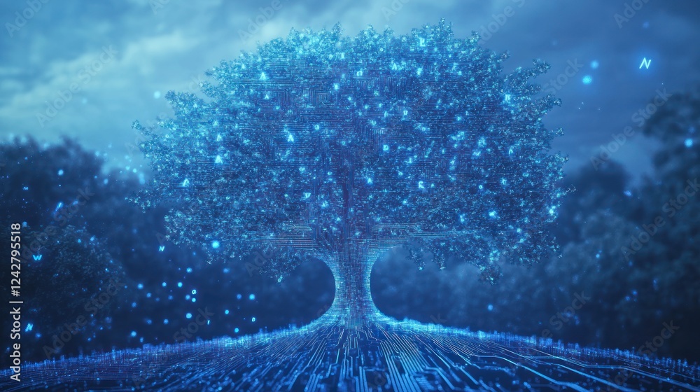 Poster a digital tree of data illuminated in the night