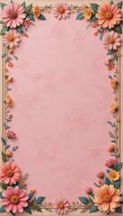 A frame of pink spring flower with copy space for text, featuring floral design elements like flowers, leaves, and a vintage texture, perfect for a spring, valentine greeting card