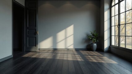 Sunlit Empty Room with Dark Hardwood Floor and Black Door