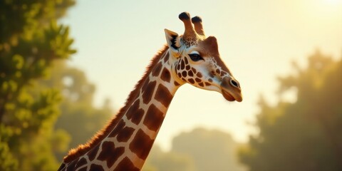Obraz premium A Serene Giraffe Portrait at Golden Hour, showcasing its elegant neck and distinctive coat pattern against a softly blurred background of verdant foliage