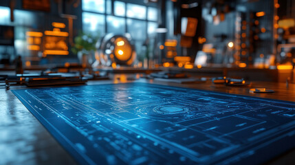 Blueprints for a futuristic industrial facility spread across a conference table, with precision tools nearby