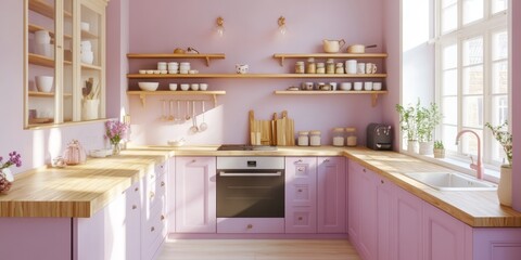 Lovely Pink Kitchen With Wooden Accents And Sunlight