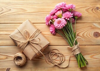 Fototapeta premium Valentine's Day Pink Flowers & Twine Craft Paper Flat Lay on Wood