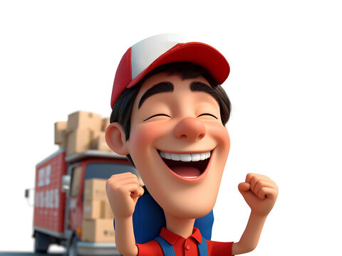 happy smiling deliver guy or postman hands up, full with energy and active, 300dpi, cartoon 3d render