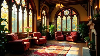 Sunlit Interior with Ornate Woodwork and Stained Glass Windows Featuring Red Upholstered Armchairs and Oriental Rug