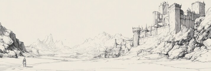 Obraz premium A solitary figure observes a majestic mountaintop castle