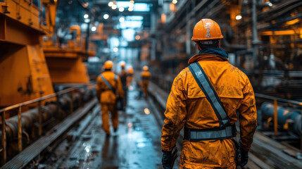 Fototapeta premium Heavy industry workers guiding machinery into place at a shipyard, emphasizing teamwork and expertise
