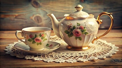 Fototapeta premium Vintage Tea Set with Lace Doily: Rustic Cottagecore Aesthetic Stock Photo