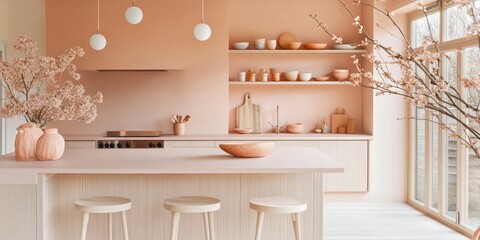 Minimalist peach kitchen island with wooden stools and blossom branches