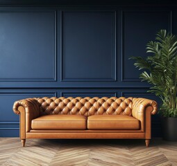 Obraz premium Timeless Elegance: A Luxurious Brown Leather Chesterfield Sofa in a Sophisticated Living Room Setting