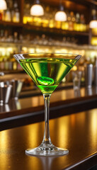 Green cocktail with olive in glass on bar counter with blurred background