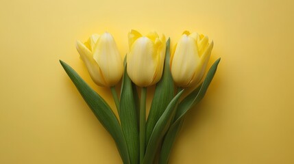 Naklejka premium Yellow Tulips on a Blank Yellow Background Ideal for Fresh and Bright Floral Designs, Centered Arrangement in a Minimalist Style