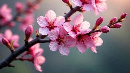 Obraz premium Delicate pink blossoms on a branch, softly illuminated by warm sunlight, showcasing the intricate details of the petals and the gentle curve of the stems