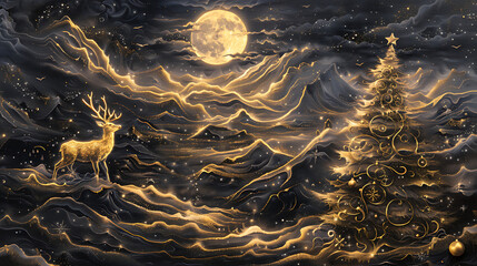 3d modern art mural wallpaper night landscape, white clouds with dark background. Golden Christmas tree, mountain, golden deer, light moon, golden and black waves. for wall decoration