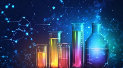 Futuristic abstract science background with glowing molecular structures, wave patterns, and dynamic light trails in blue and purple tones


