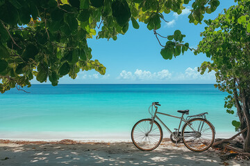 Fototapeta premium A bike parked near a beach with the ocean in the background