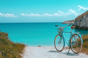 Fototapeta premium A bike parked near a beach with the ocean in the background