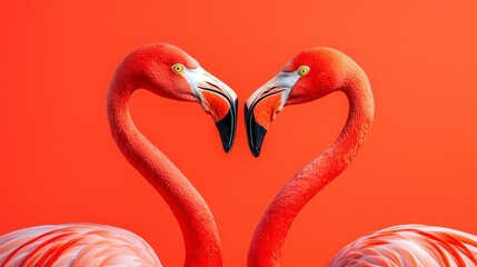 Fototapeta premium Two flamingos form a heart shape with their necks against a vibrant orange background, symbolizing love and connection.