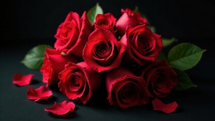 Obraz premium A captivating bouquet of deep red roses, elegantly arranged, with scattered petals on a dark background, conveying a message of passionate romance.