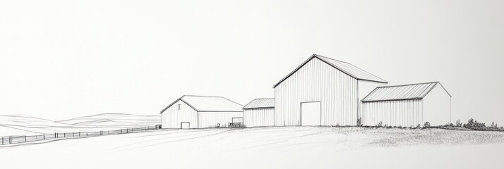 Sketch of a Rural Farm with Three Barns and a Fence
